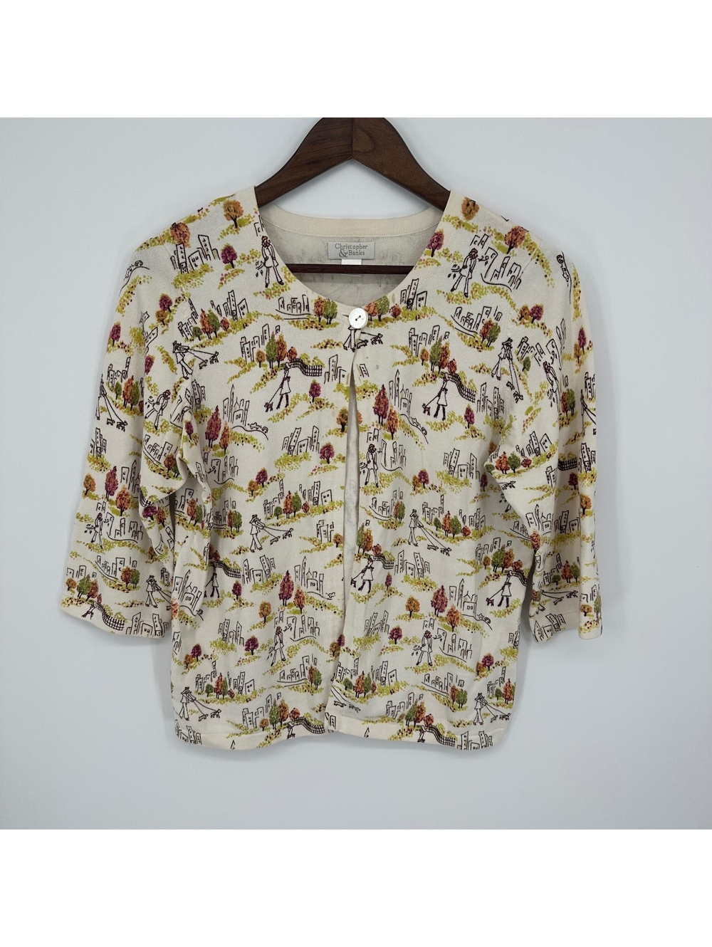 Christopher & Banks Novelty Cityscape Dog Print Cardigan